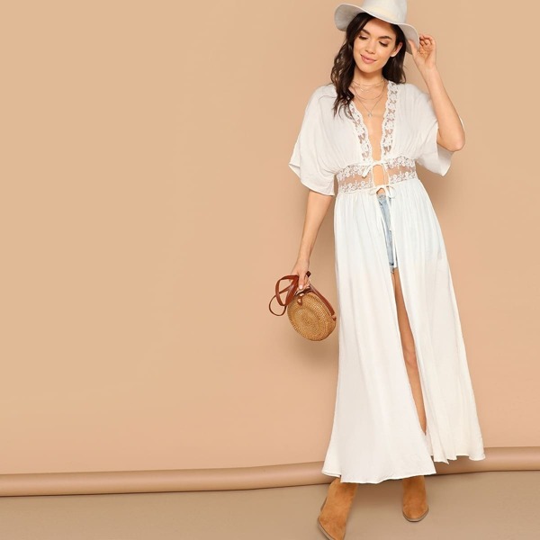 

Drop Shoulder Knot Lace Insert Kimono, White