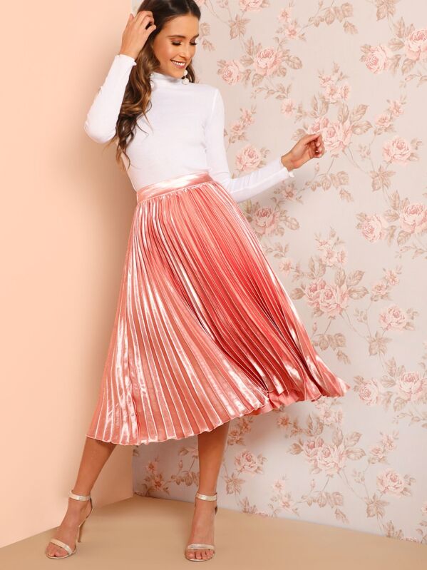 

Elastic Waist Solid Pleated Skirt, Pink, Anna Herrin
