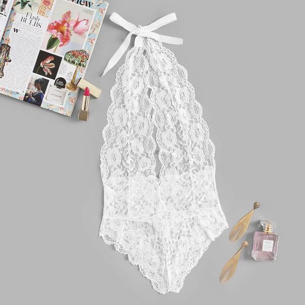 

Scalloped Trim Floral Lace Backless Teddy Bodysuit, White