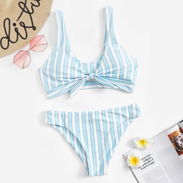 

Striped Knot Front Top With Panty Bikini, Blue pastel