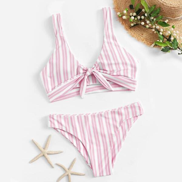 

Striped Knot Front Top With Panty Bikini, Pink pastel