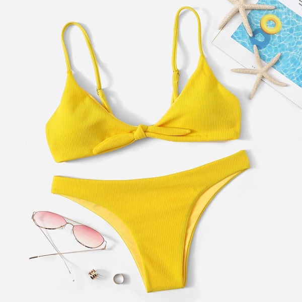

Ribbed Knot Front Top With Panty Bikini Set