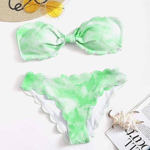 

Tie Dye Scalloped Trim Bandeau With Panty Bikini