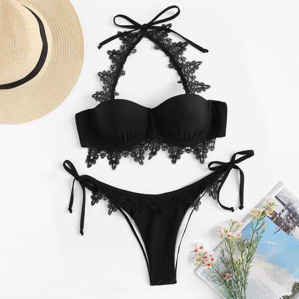 

Crochet Detail Underwire Top With Tie Side Bikini