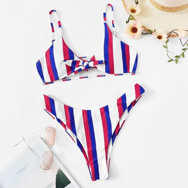 

Striped Knot Front Top With High Cut Bikini, Multicolor