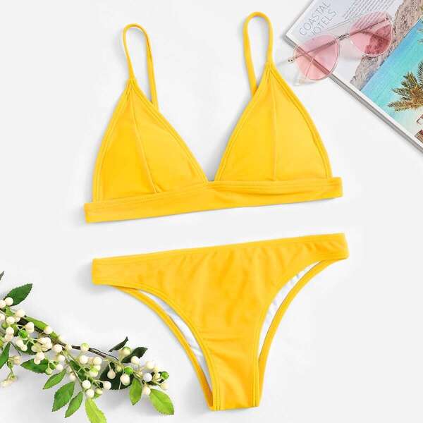 

Triangle Seam Top With Panty Bikini Set, Yellow bright
