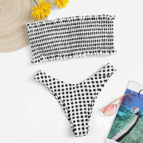 

Gingham Smocked Bandeau With High Cut Bikini, Black and white