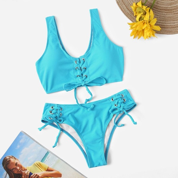 

Lace-up Tank Top With Panty Bikini Set