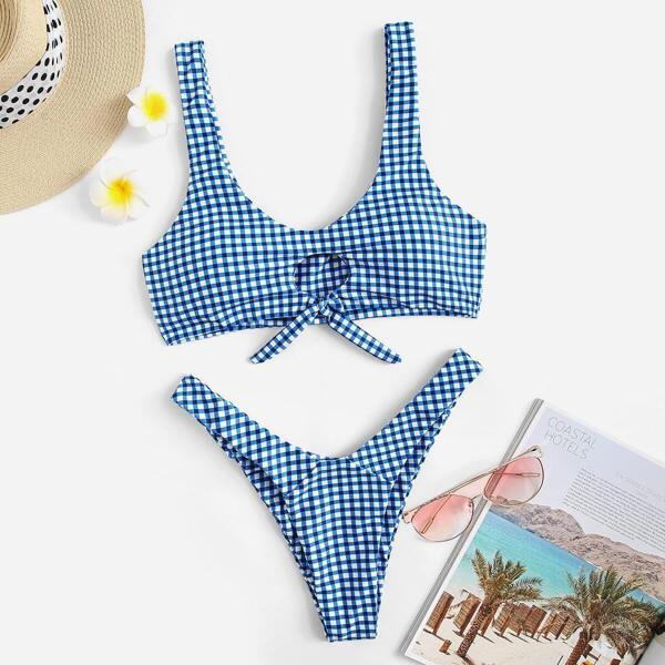 

Gingham Knot Front Top With High Cut Bikini