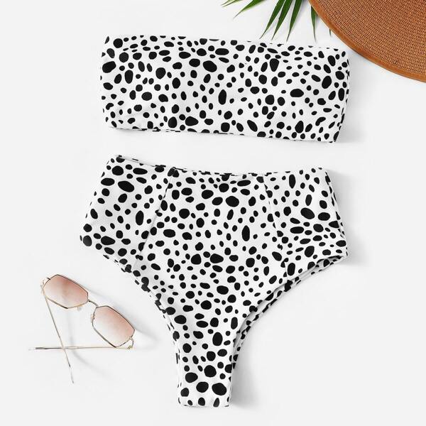 

Dot Print Bandeau With High Waist Bikini Set, Black and white