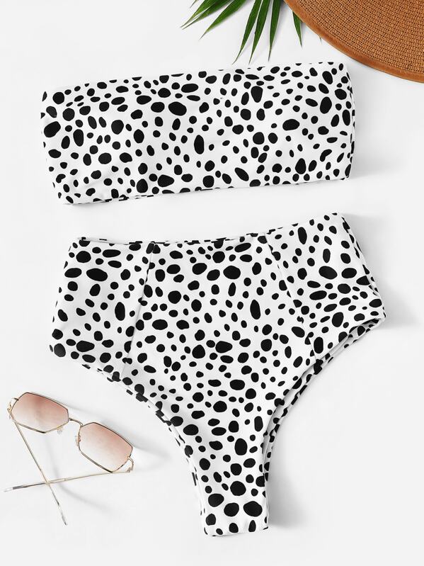 

Dot Print Bandeau With High Waist Bikini Set, Black and white