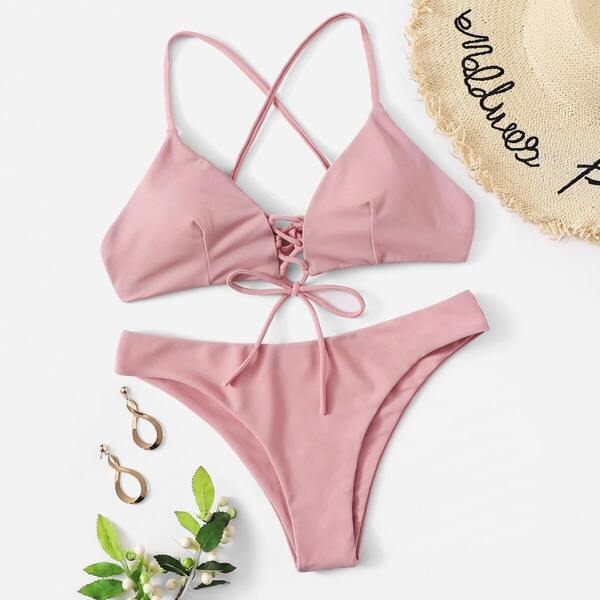 

Criss Cross Top With Cheeky Bikini Set, Pink pastel