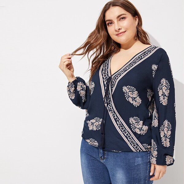 

Plus Tie Front Botanical Print Blouse, Navy