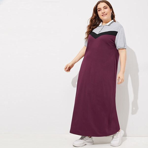 

Plus Color Block Longline Polo Dress, Burgundy