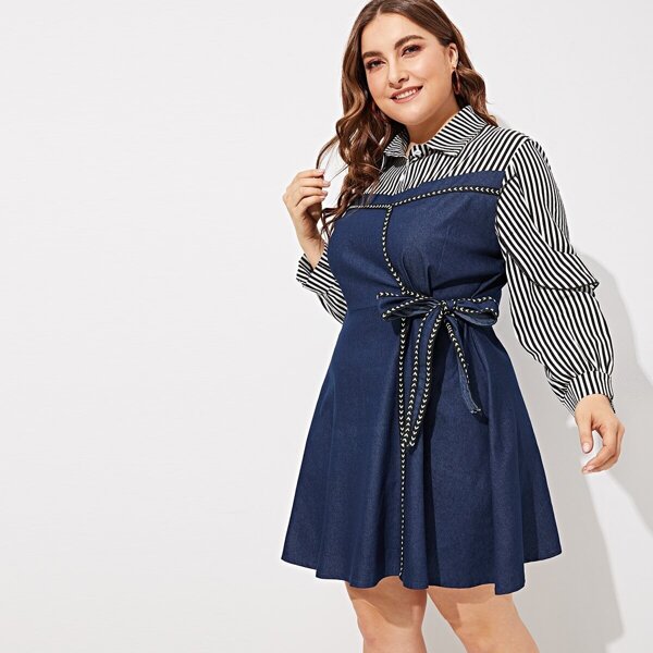 

Plus Contrast Striped Print Knot Denim Dress
