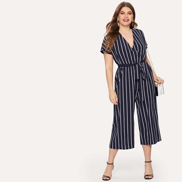

Plus Self Tie Striped Wide-Leg Jumpsuit, Navy
