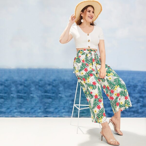 

Размера плюс брюки с широкими штанинами и графическим принтом, Белые