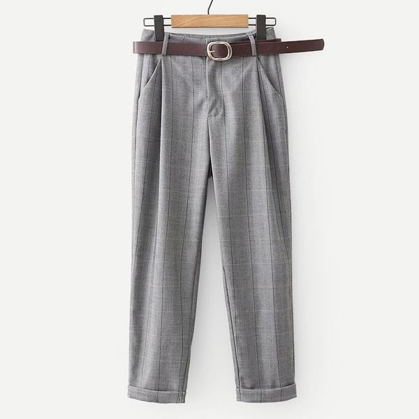 

Window Pane Plaid Roll Hem Pants With Belt