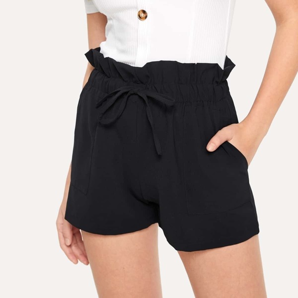 

Drawstring Waist Paperbag Shorts, Black