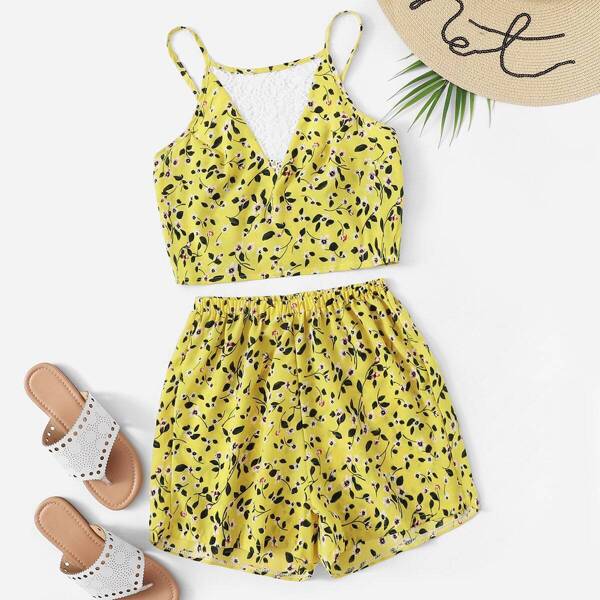 

Plus Lace Panel Calico Print Cami Top With Shorts