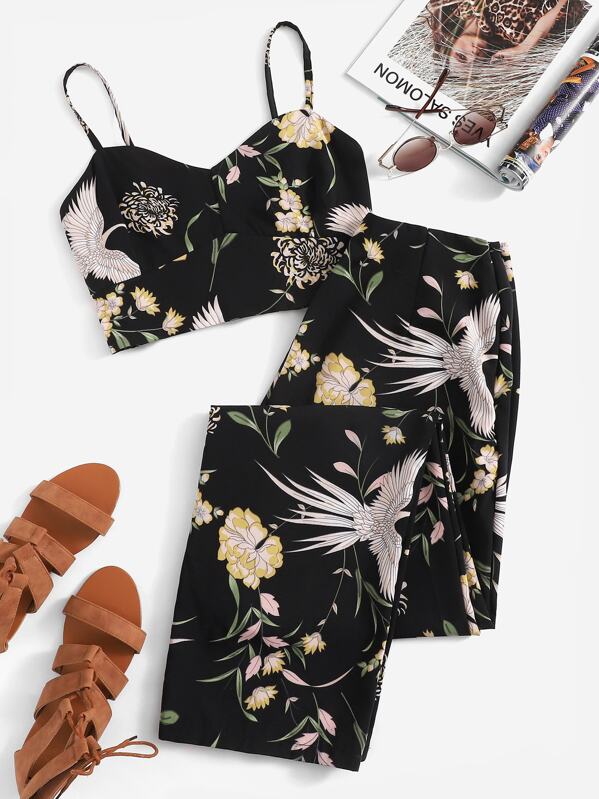 

Floral Print Cami Top With Pants, Black