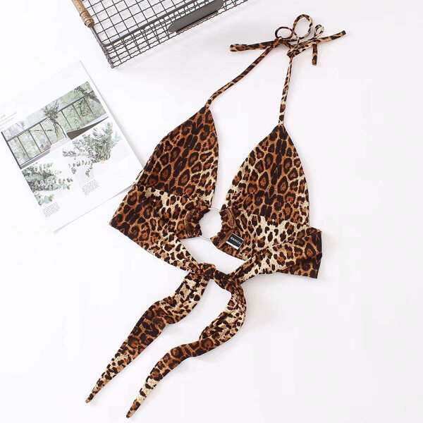 

Leopard Ring Detail Knot Hem Halter Top, Multicolor