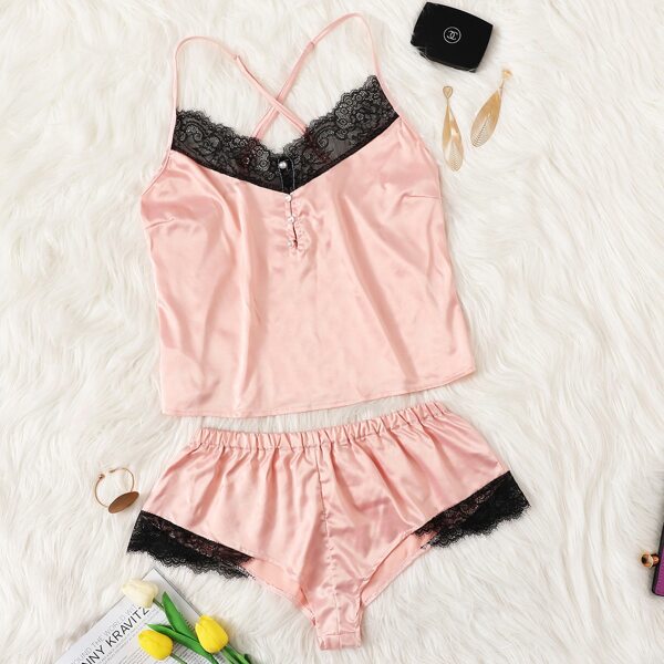

Floral Lace Satin Cami Pajama Set