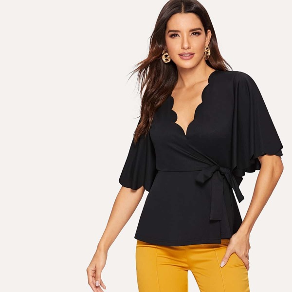 

Flutter Sleeve Scalloped Trim Wrap Top