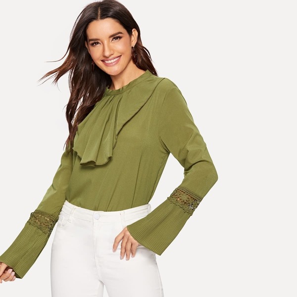 

Jabot Collar Lace Pleated Sleeve Top