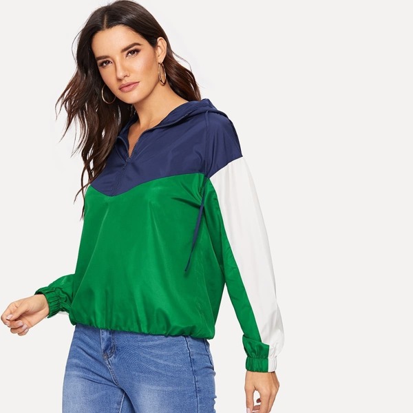 

Colorblock Zip Half Placket Windbreaker Hoodie Jacket