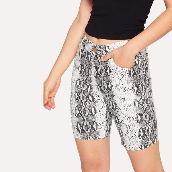 

Snake Skin Pattern Print Pocket Denim Shorts