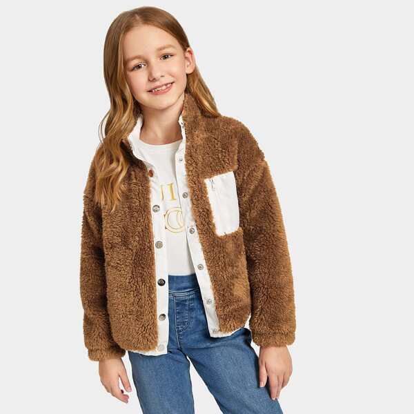 

Girls Contrast Zip Pocket Button Up Teddy Jacket, Brown