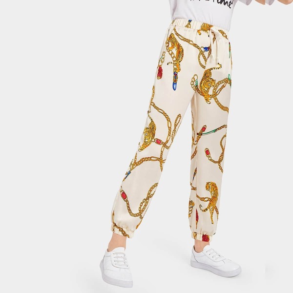 

Girls Elastic Waist Tiger & Chain Print Pants, Multicolor