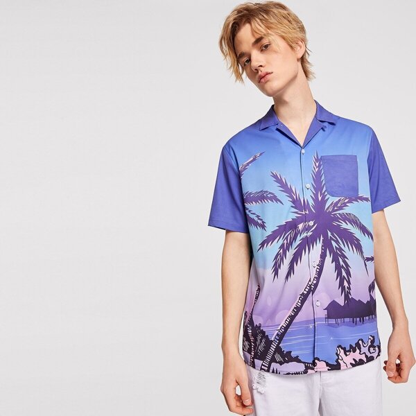 

Men Sea Shore Print Single Pocket Shirt