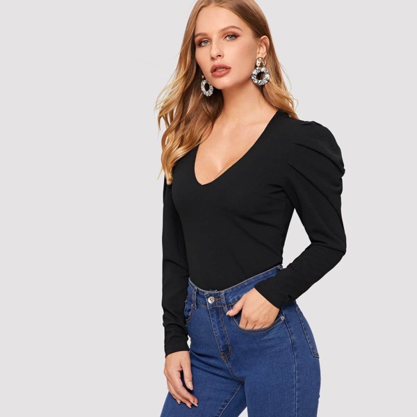 

Tied Back Puff Sleeve Plunging Blouse