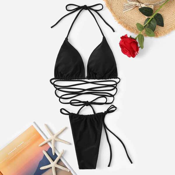 

Strappy Halter Top With Tanga Bikini Set