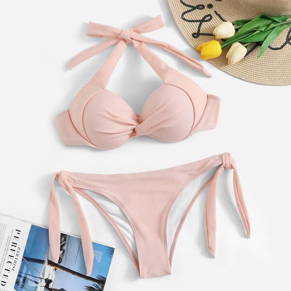 

Twist Underwire Halter Top With Tie Side Bikini