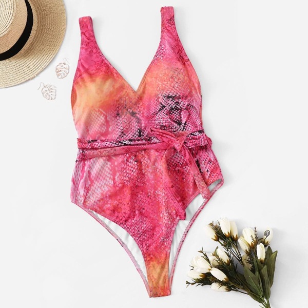 

Snakeskin Belted Low Back One Piece Swimsuit