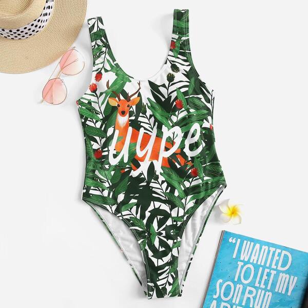 

Leaf & Deer Print Low Back One Piece Swim