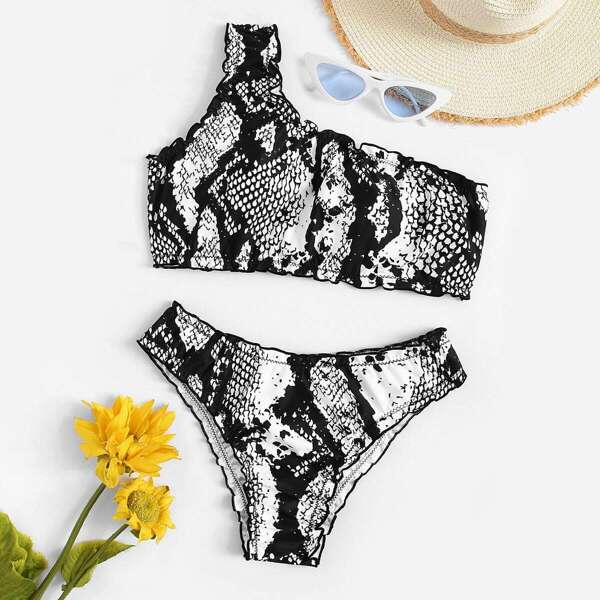

Snakeskin Lettuce Trim One Shoulder Bikini Set, Black and white