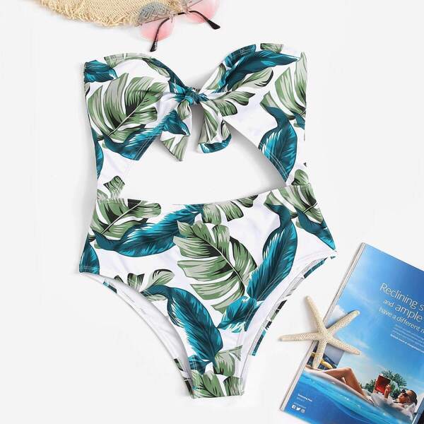 

Random Leaf Print Cut-out Bandeau One Piece Swim