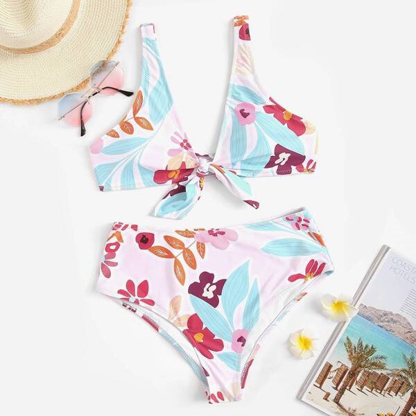 

Random Floral Knot Top With High Waist Bikini