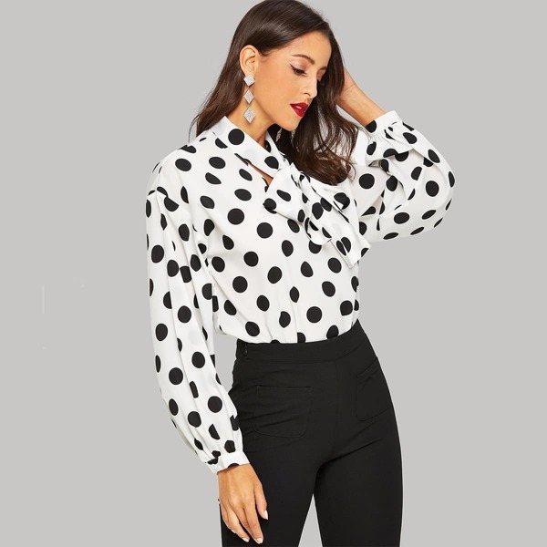 

Polka Dot Print Tie Neck Blouse, Black and white