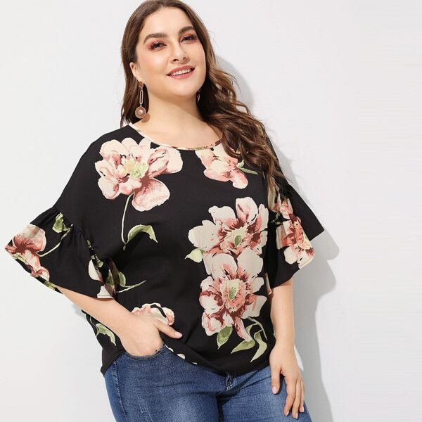 

Plus Flounce Sleeve Floral Print Blouse, Black