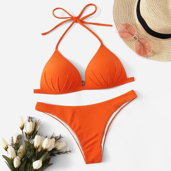 

Ruched Triangle Halter Top With Cheeky Bikini, Orange bright