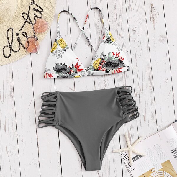 

Random Leaf Criss Cross Top With Ladder Cut-out Bikini, Multicolor