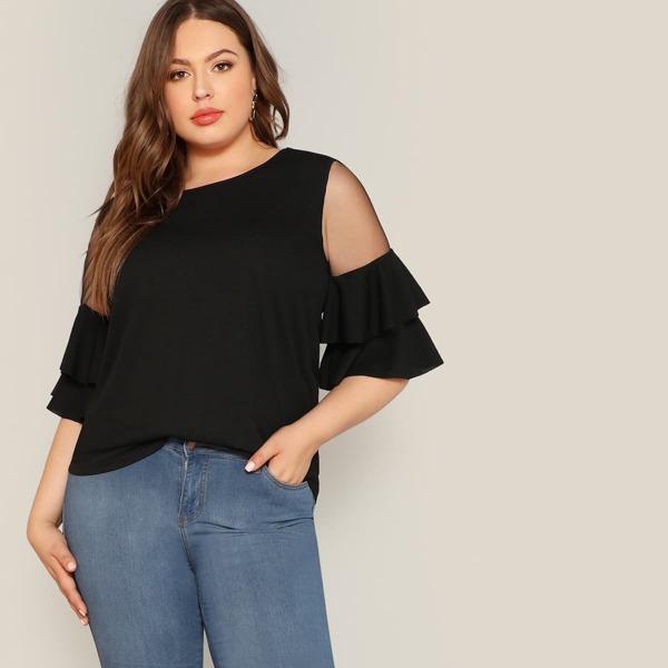 

Plus Mesh Panel Layered Bell Sleeve Top, Black