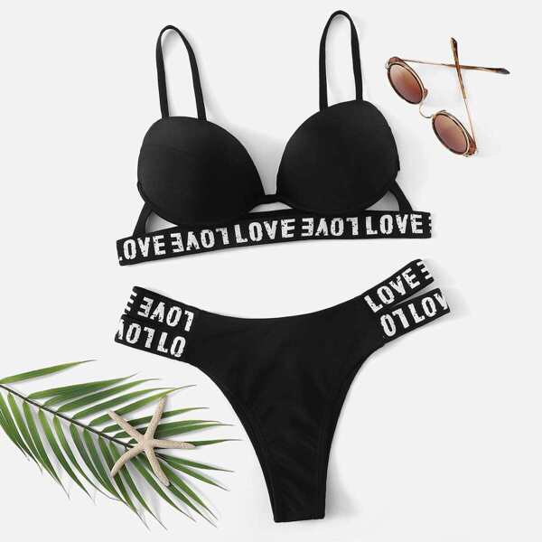 

Letter Tape Underwire Top With Cut-out Bikini Set, Black