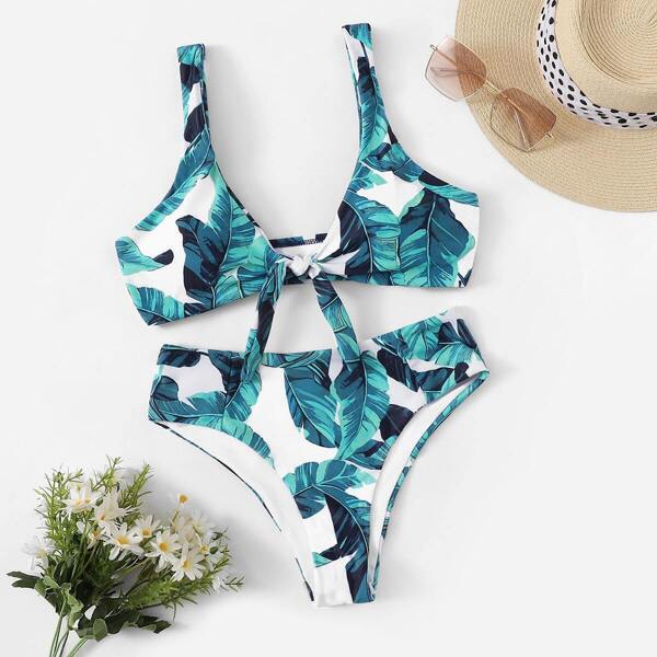 

Random Leaf Print Knot Front Bikini Set