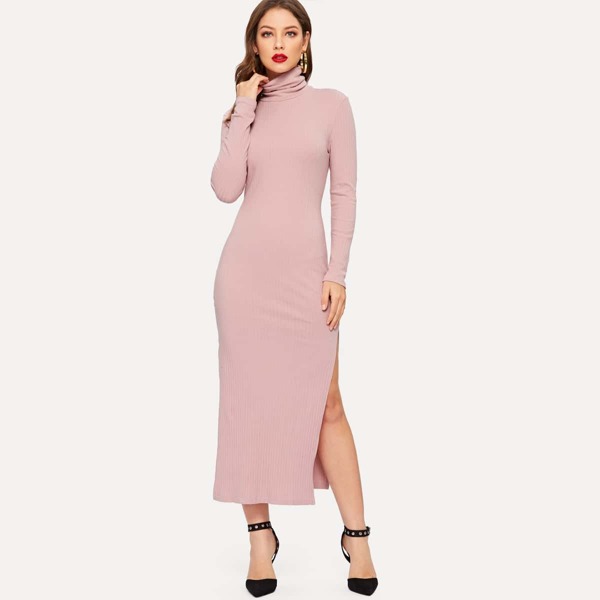 

High Neck Slit Side Ribbed Knit Dress